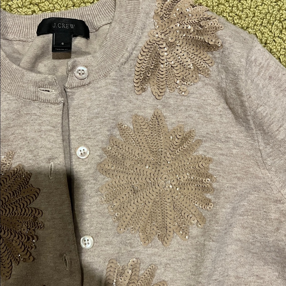 J. Crew tan Cardigan with sequin flower  Accents Sz small - Picture 3 of 3